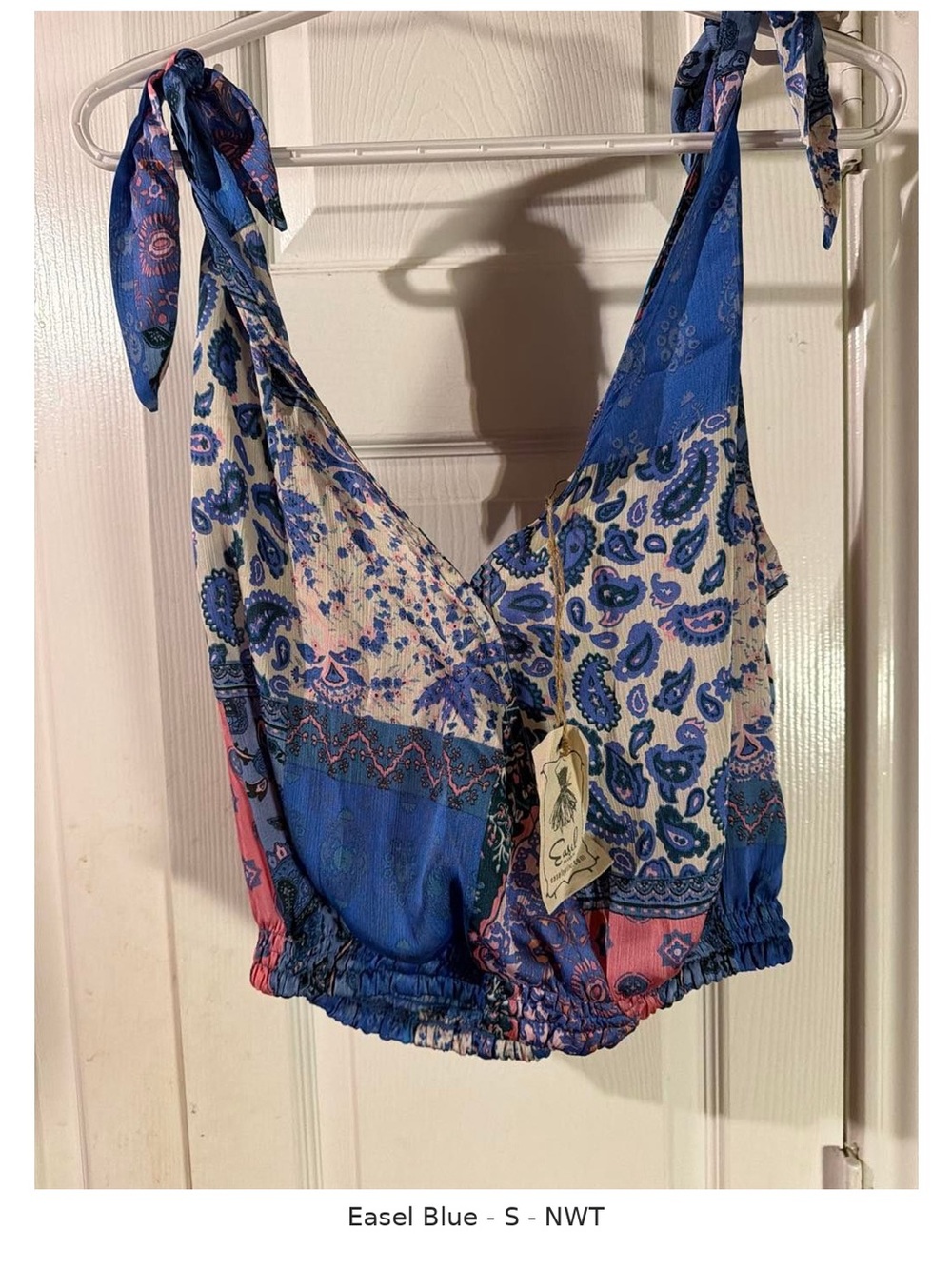 easel Blue Paisley Tie-Shoulder Cropped Camisole